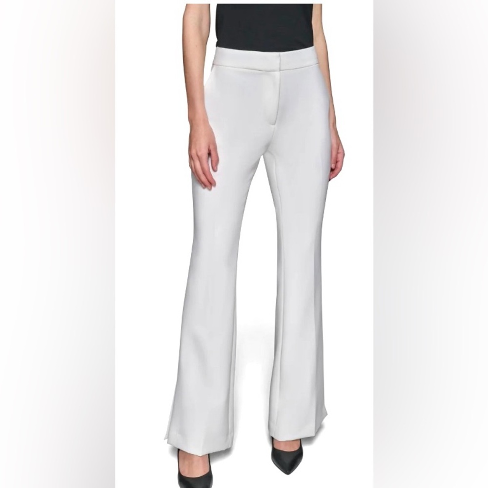 KARL LAGERFELD PARIS White High-Waisted Flare Legged Pants/Side Slit: Size 8